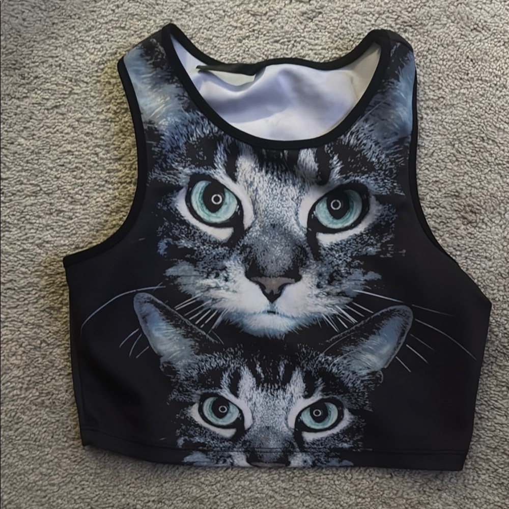 Cat Face Print Black Crop Top